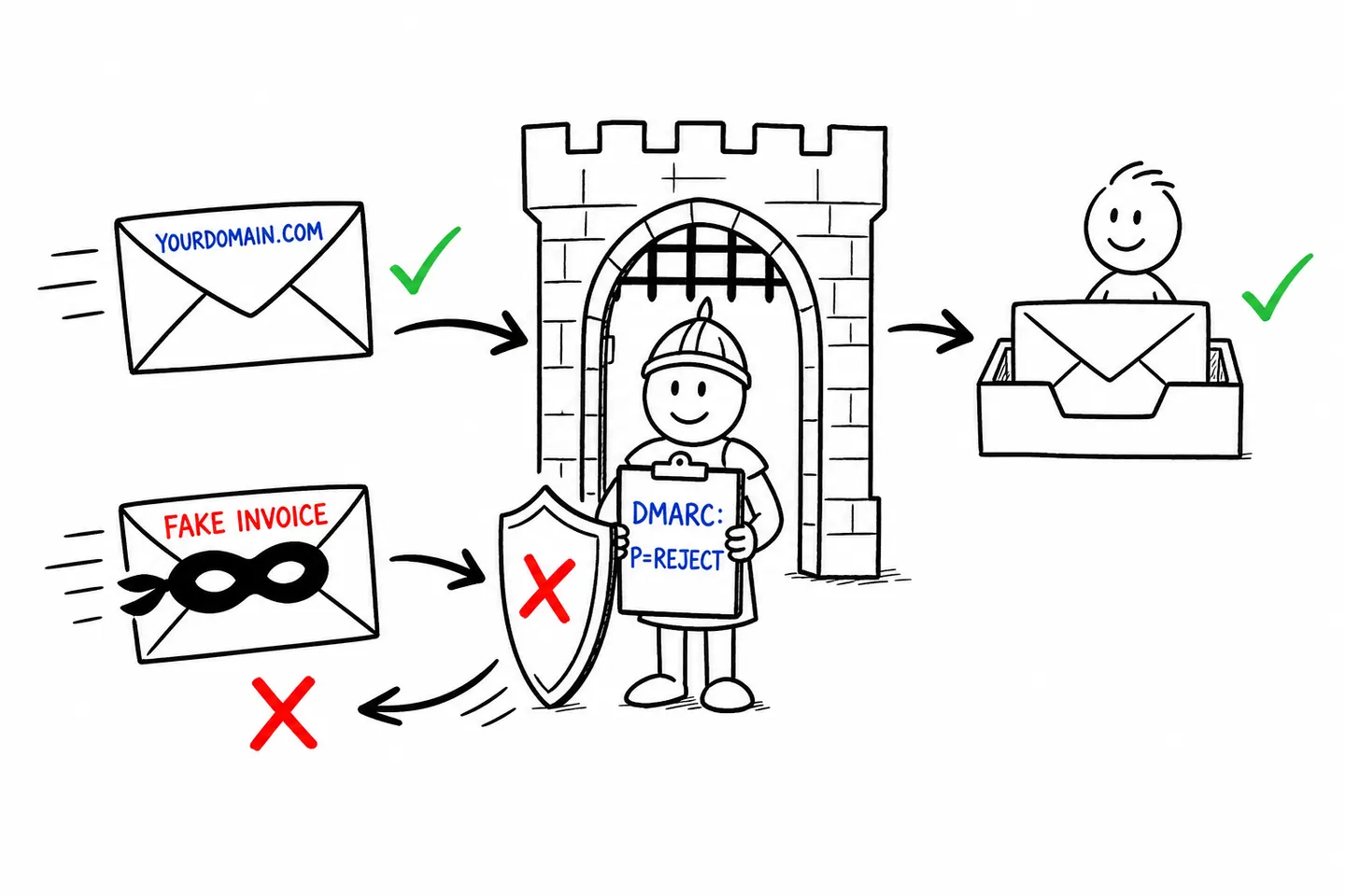 DMARC p=reject at the gate: real email from your domain reaches the inbox, a forged invoice is turned away.