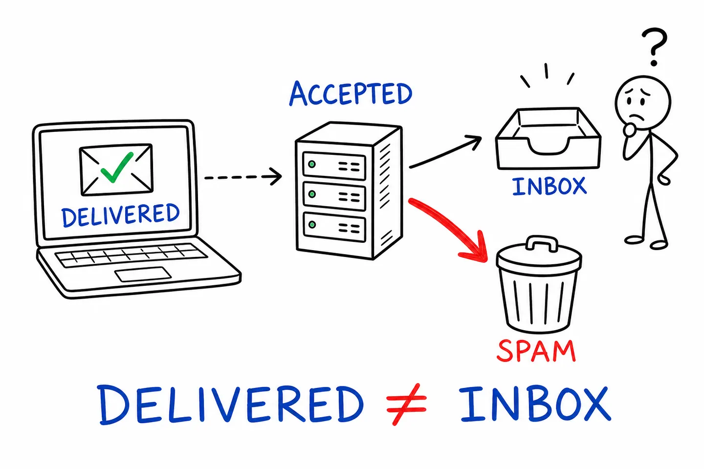 Email marked delivered: the server accepted it, but it went to the spam bin instead of the inbox.