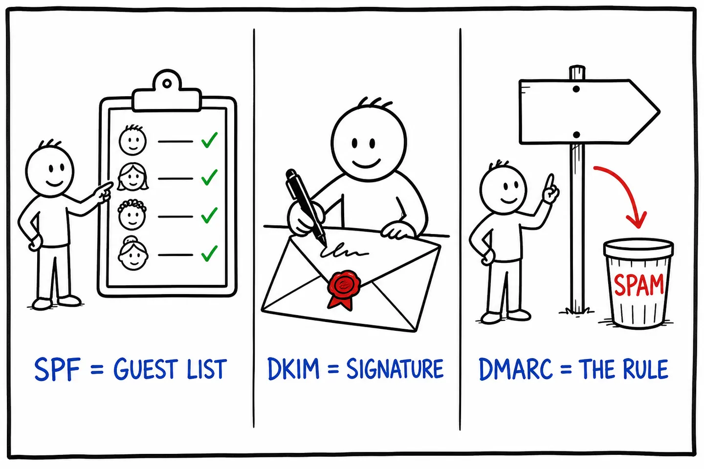 SPF drawn as a guest list, DKIM as a signature on the envelope, DMARC as a sign pointing failed mail to spam.