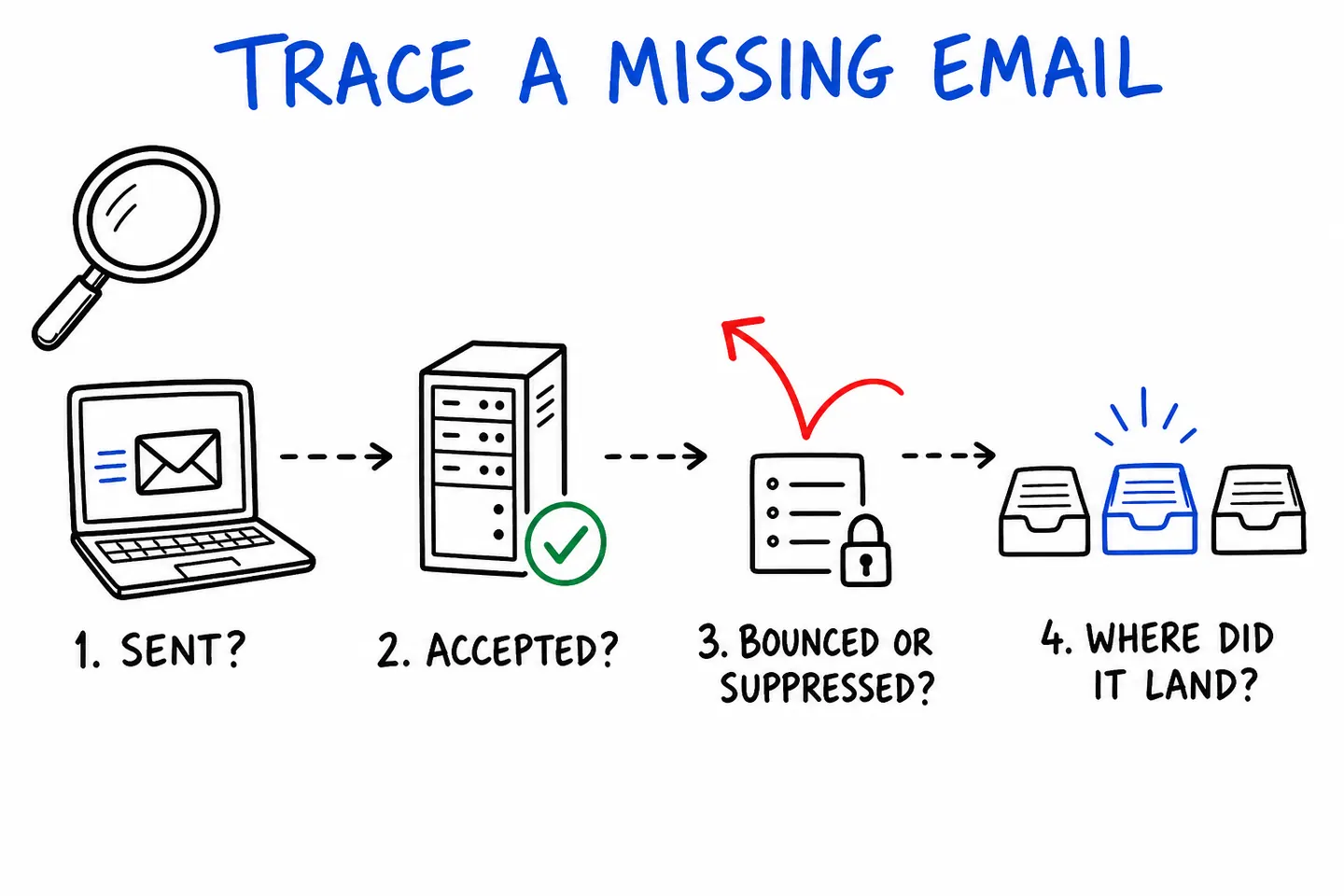 Tracing a missing email in four steps: sent, accepted, bounced or suppressed, and where it landed.
