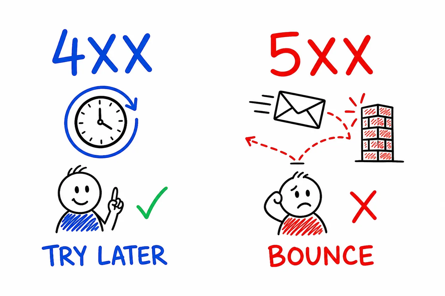 SMTP reply codes: 4xx with a clock means try again later, 5xx with a brick wall means the email bounced.